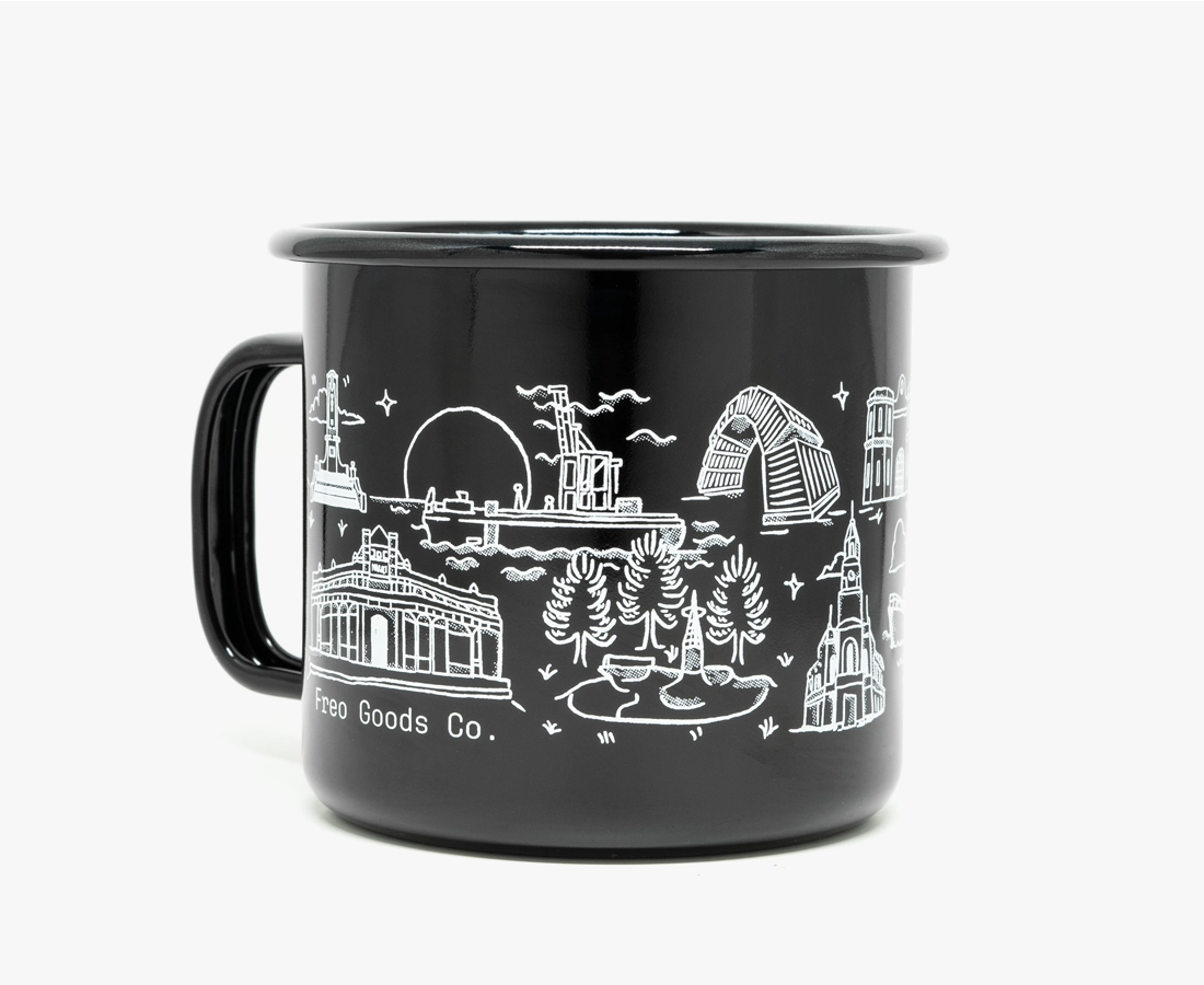 'Welcome To Fremantle' x Freo Goods Co. Black Enamel Camp Mug · 16oz