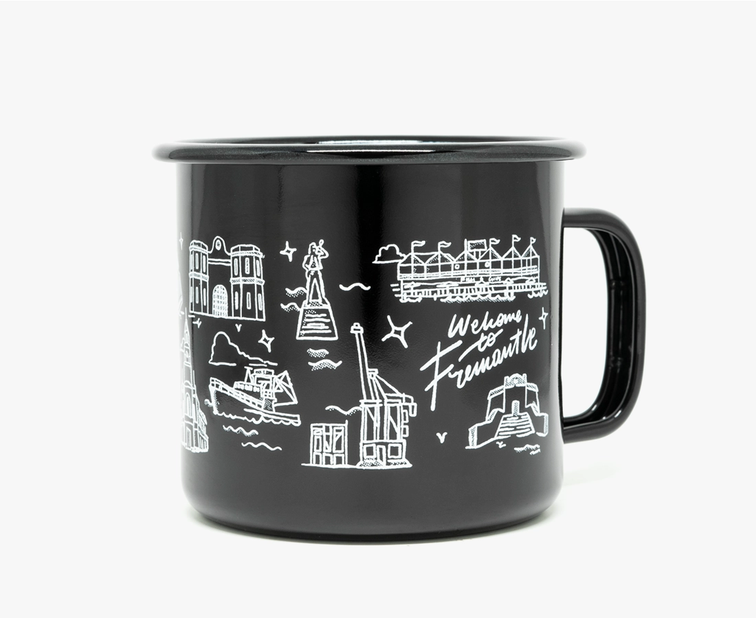 'Welcome To Fremantle' x Freo Goods Co. Black Enamel Camp Mug · 16oz