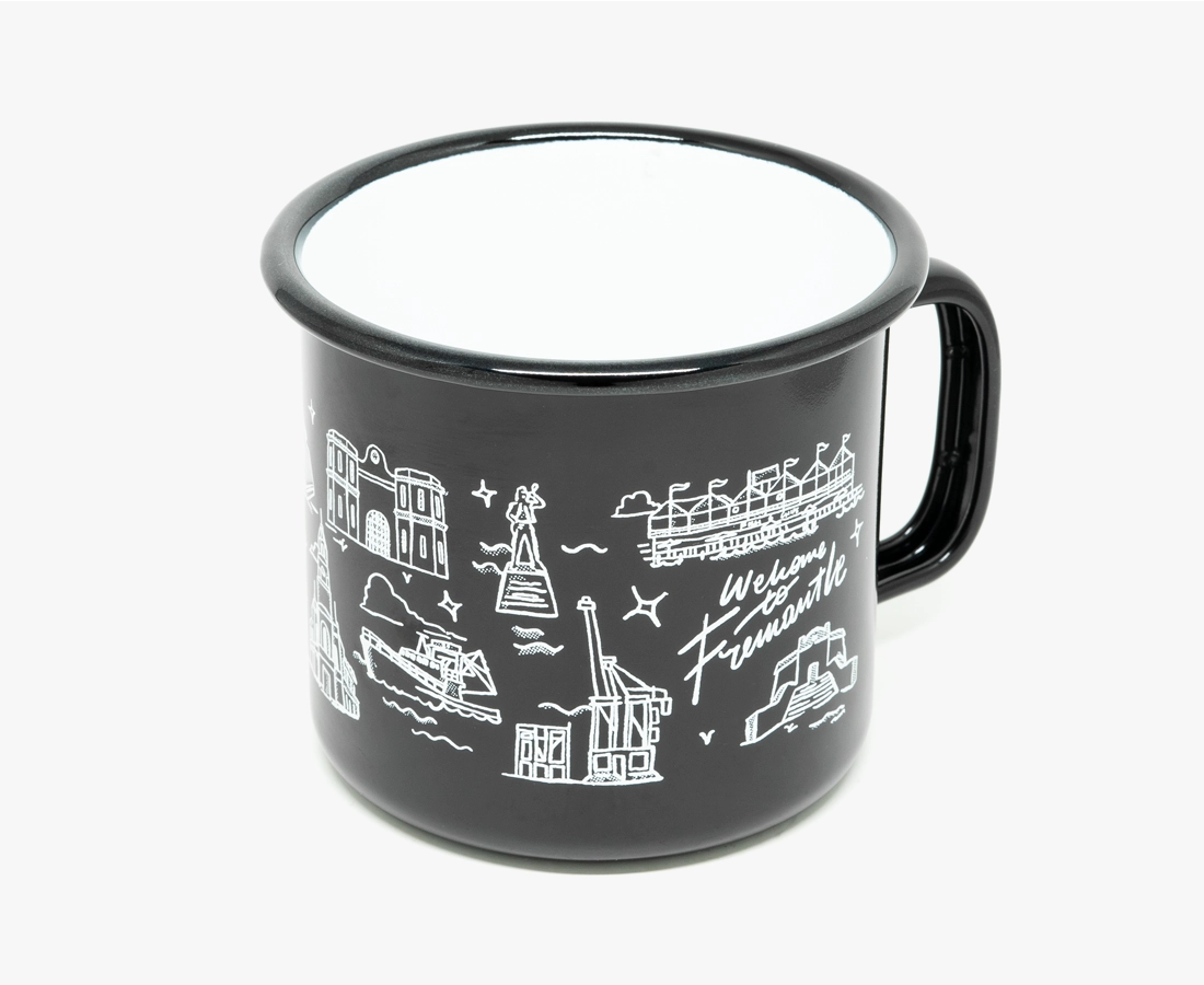 'Welcome To Fremantle' x Freo Goods Co. Black Enamel Camp Mug · 16oz